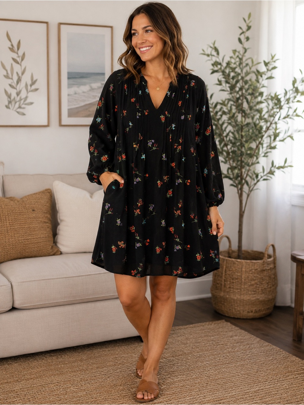 Old Navy Large Black Floral Pintuck Swing Dress Boho Cottagecore